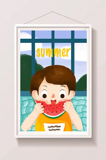 可爱暑期生活吃西瓜的儿童插画图片