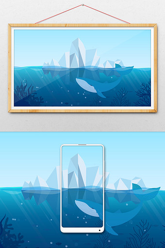 唯美海洋冰山鲸鱼插画背景图片