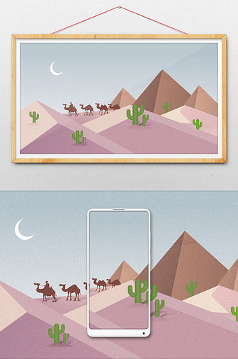 唯美沙漠风景仙人掌金字塔插画背景图片