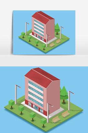 25D元素教学楼写字楼房子建筑元素