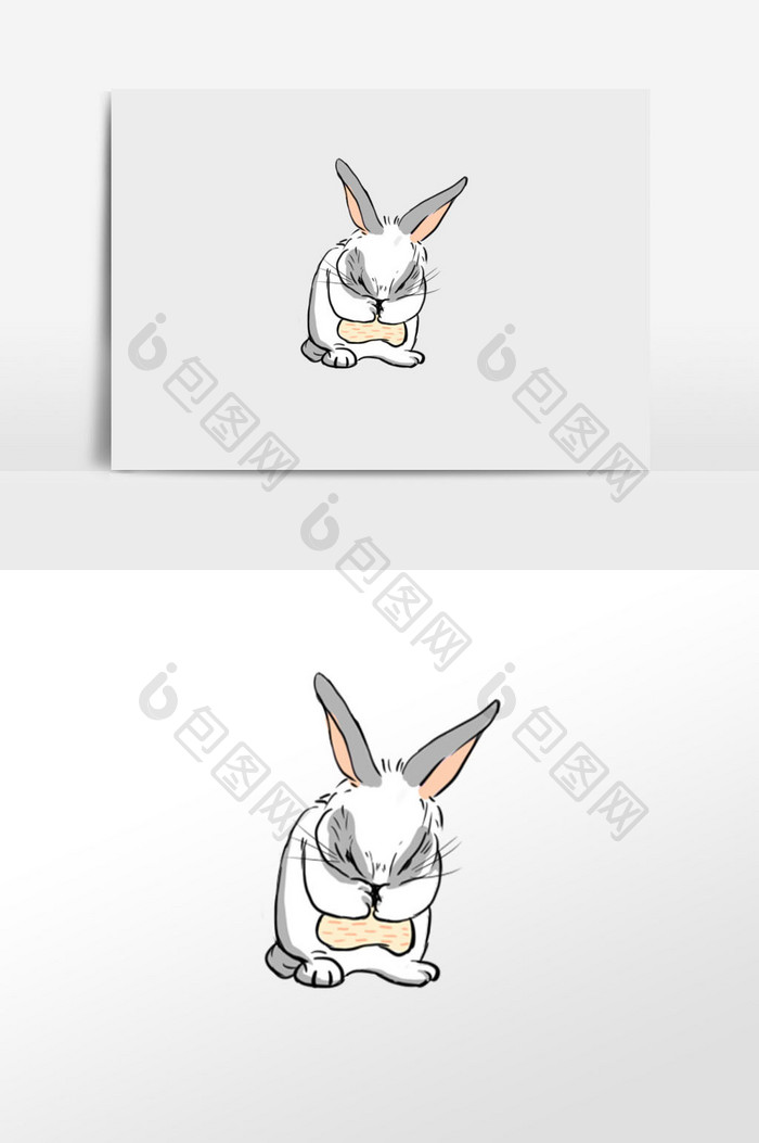 黑白卡通害羞小兔子手绘元素插画