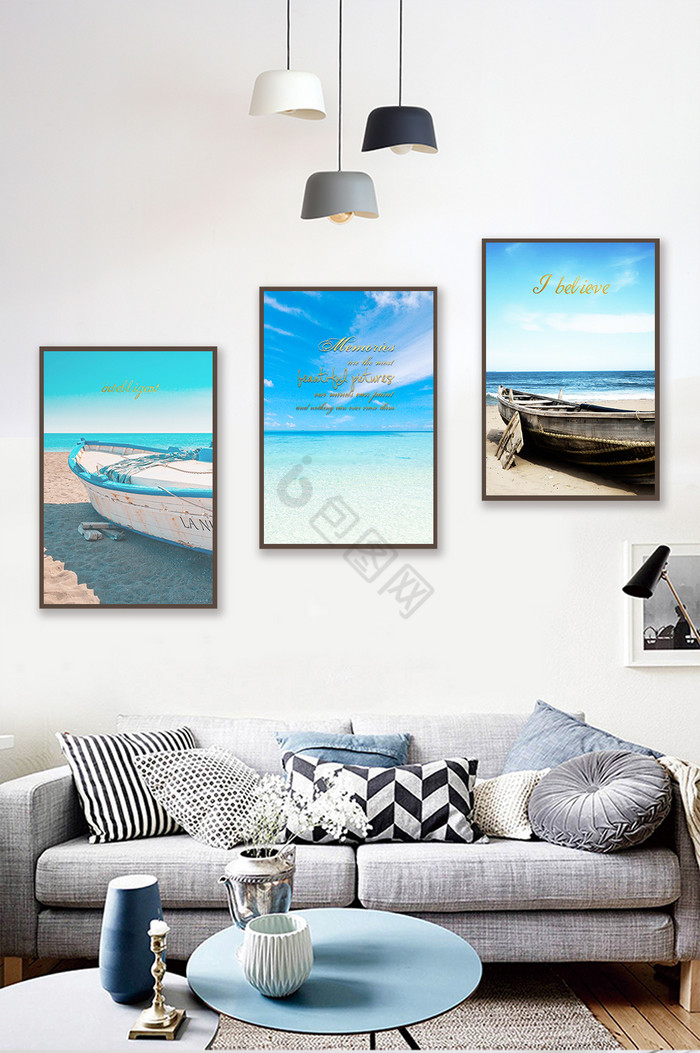 地中海风格唯美蓝色海景沙滩装饰画图片