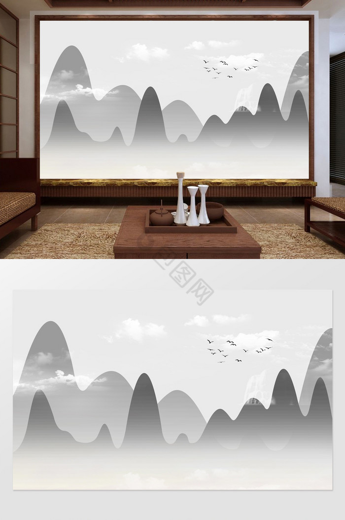 中式高清手绘意境水墨山水背景壁画图片