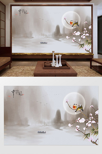 新中式水墨山水创意电视背景墙图片