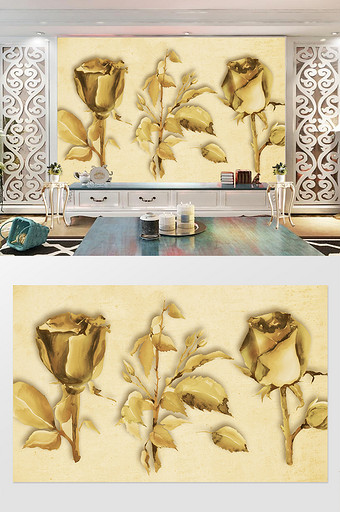 3d立体奢华金色花朵电视背景墙图片