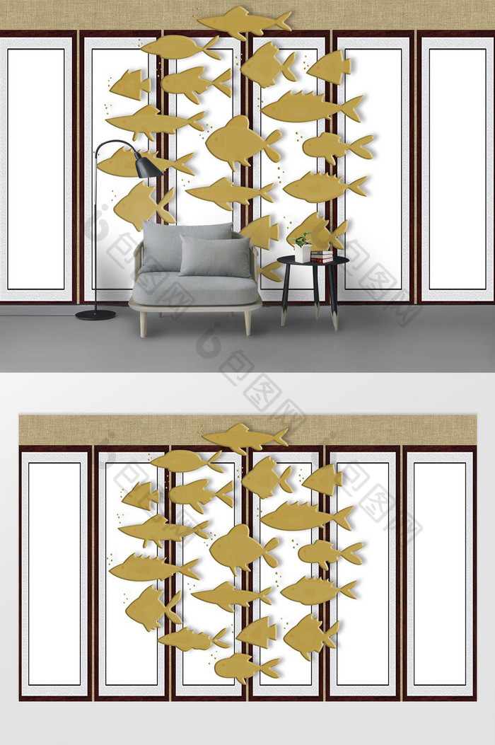 创意布纹屏风鱼群新中式电视背景墙