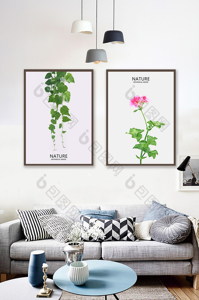 小清新北欧装饰画简约植物花卉粉色组合画
