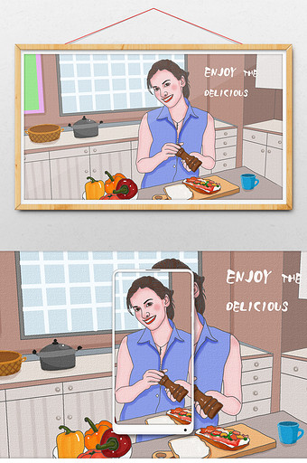 清新厨房美女制作美食插画图片