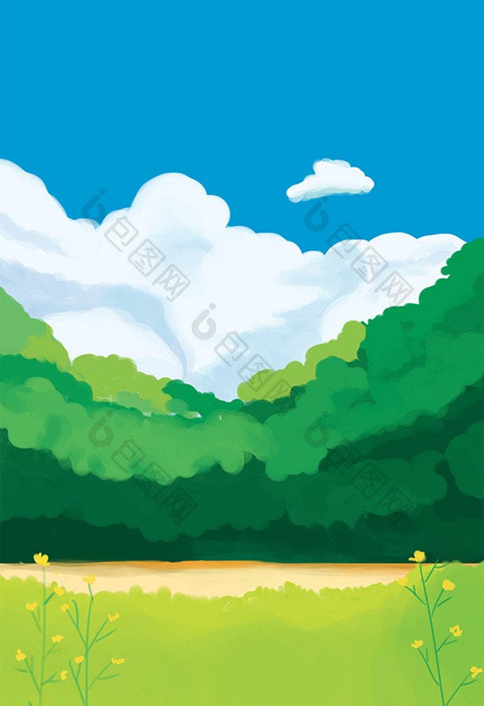 天气晴朗的树林里手绘插画背景