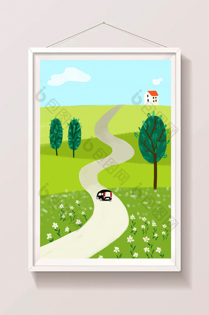乡间小道上的车手绘插画背景
