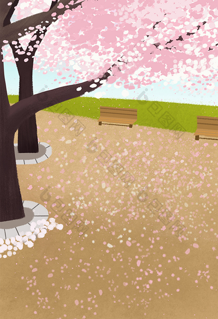 樱花树下手绘插画背景