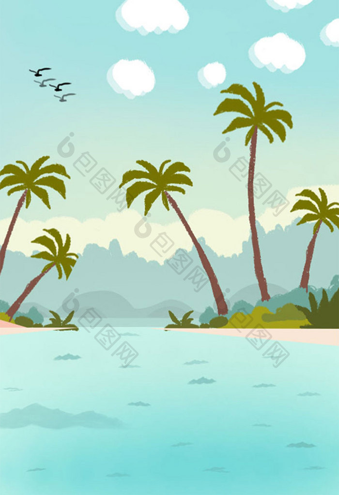 唯美小清新夏日海滩椰子树海边背景图