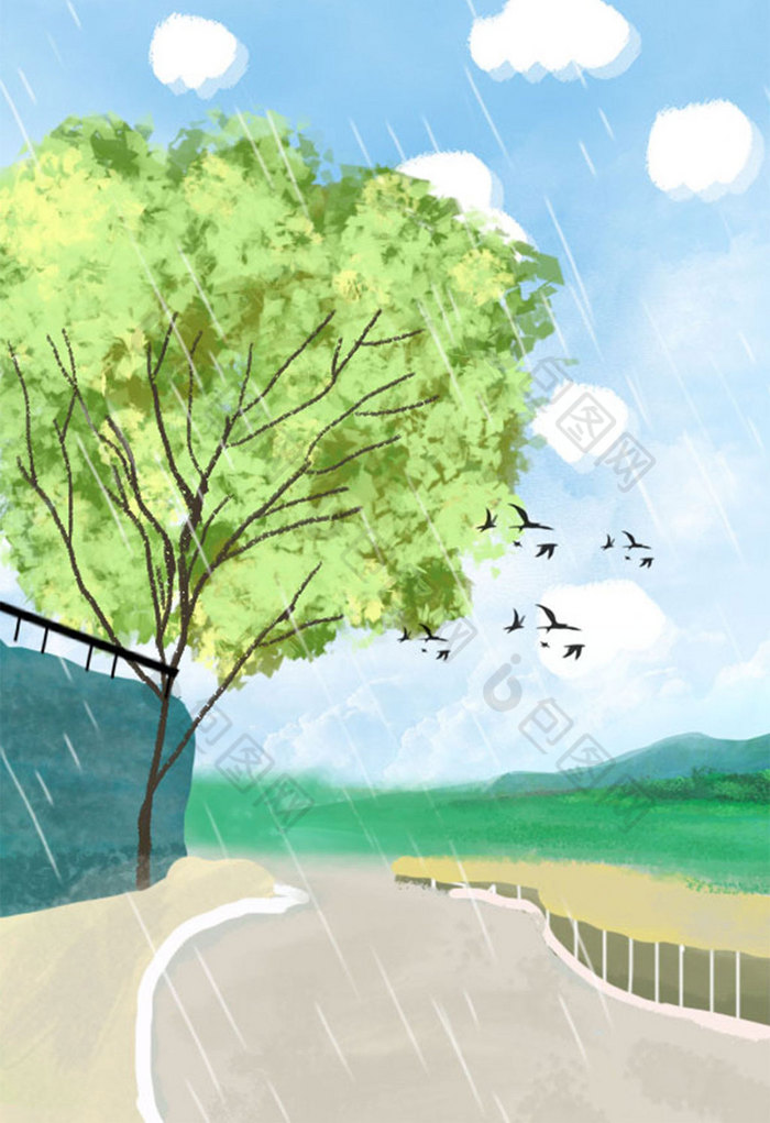 夏日雨天下的树木小路群山图片