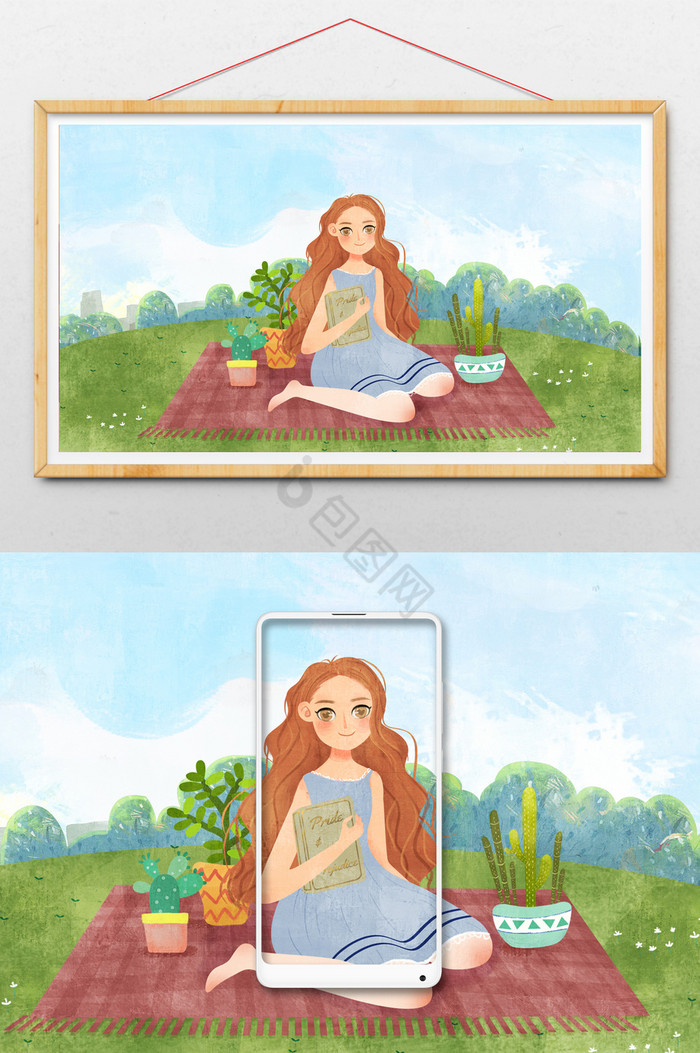 坐在草地上的仙人掌抱书女孩图片