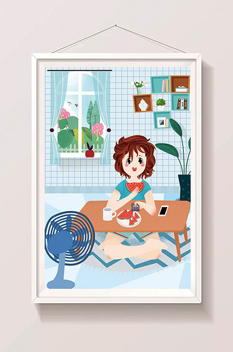 蓝色清新夏至小暑室内系列插画设计图片