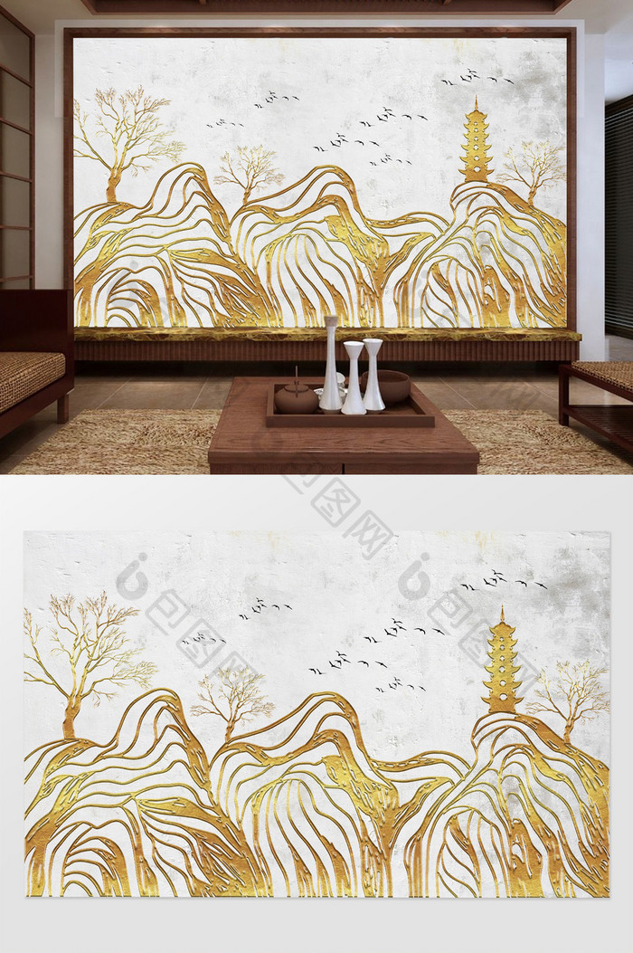 中式金箔金色质感意境山水电视背景墙