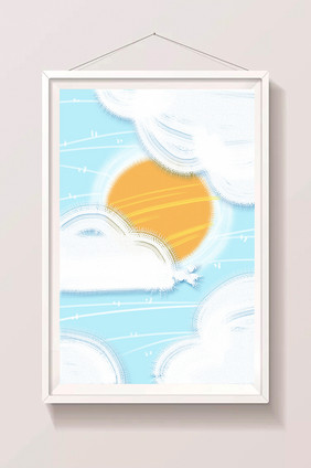 夏日太阳蓝天白云卡通手绘插画背景素材