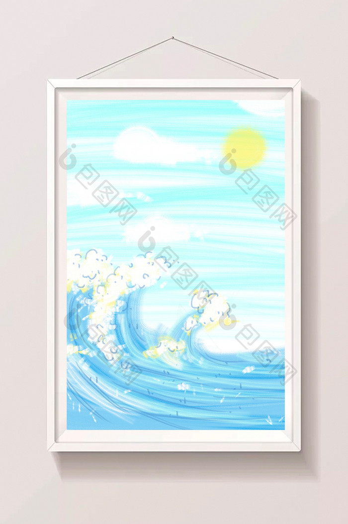 蓝色夏日大海手绘卡通插画背景手绘大海素材