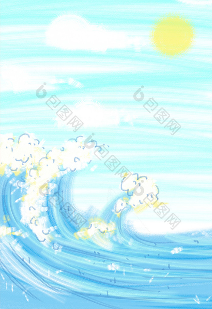 蓝色夏日大海手绘卡通插画背景手绘大海素材