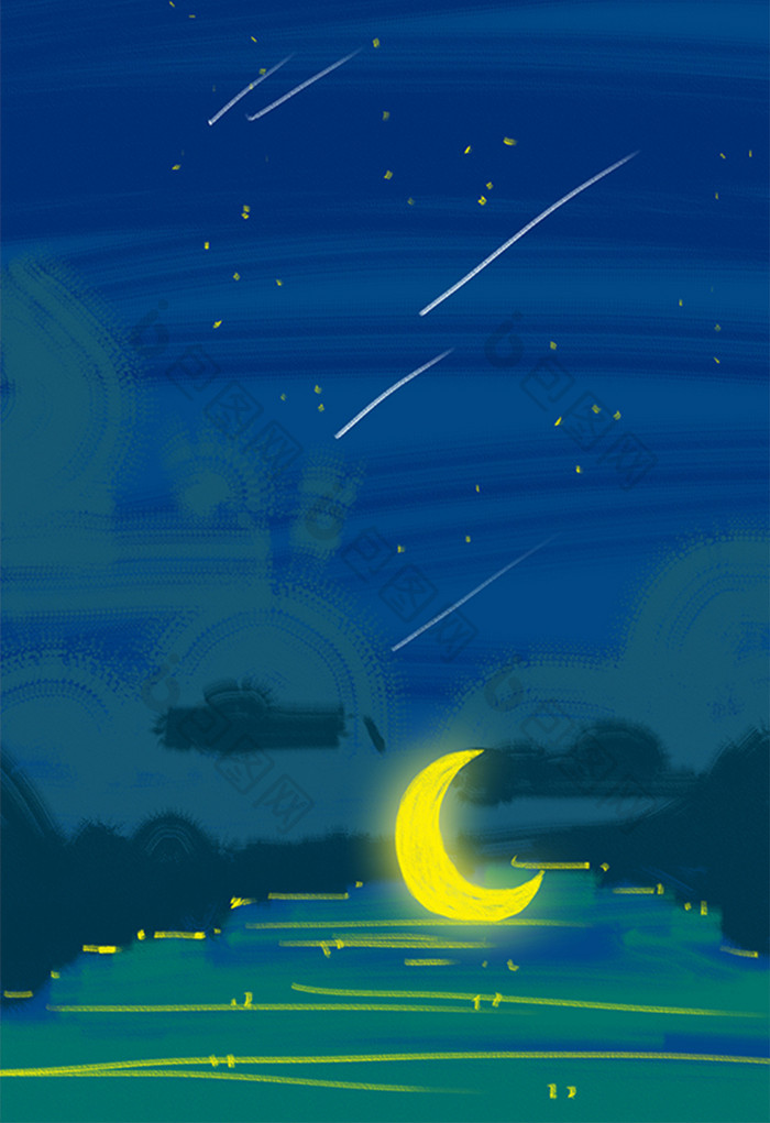 蓝色夏日夜晚月亮手绘插画卡通背景插画素材