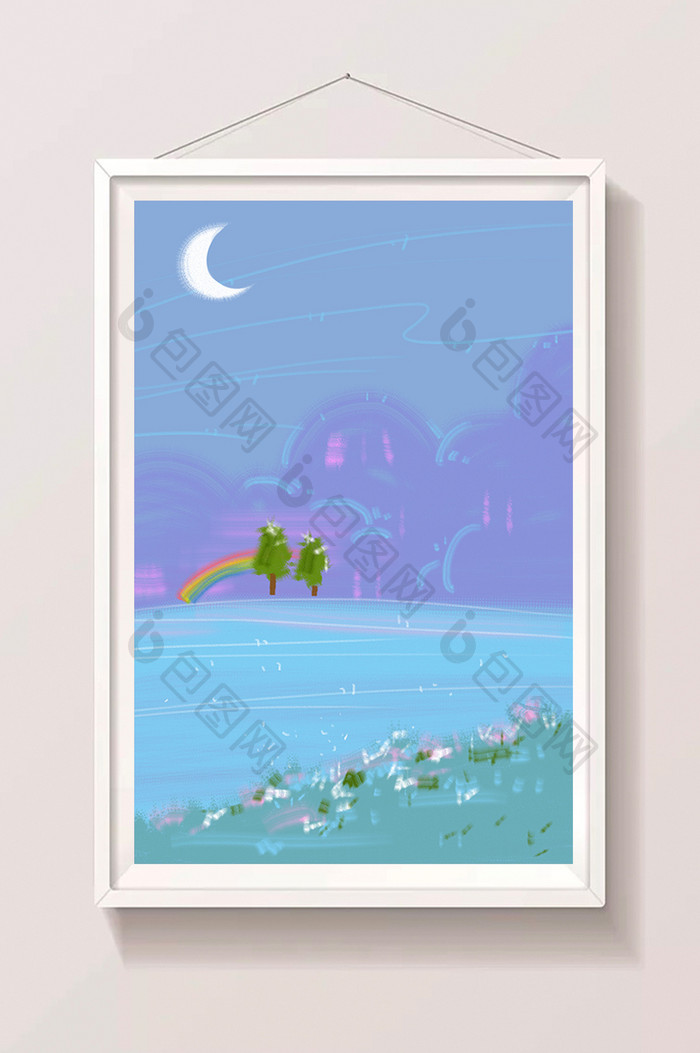 蓝色夏日夜晚湖边月亮卡通插画手绘背景素材