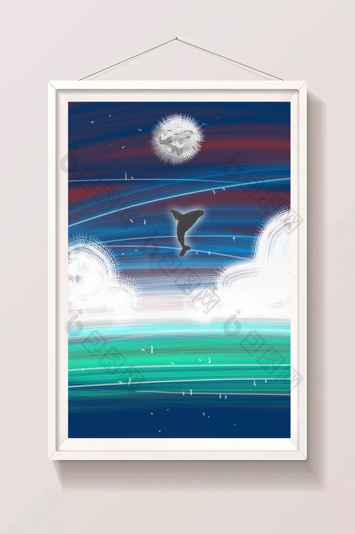 蓝色夏日夜晚月亮鲸鱼手绘插画背景素材