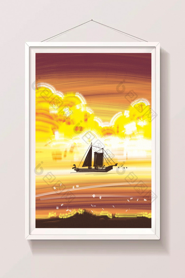 暖色夏日黄昏帆船插画图片图片