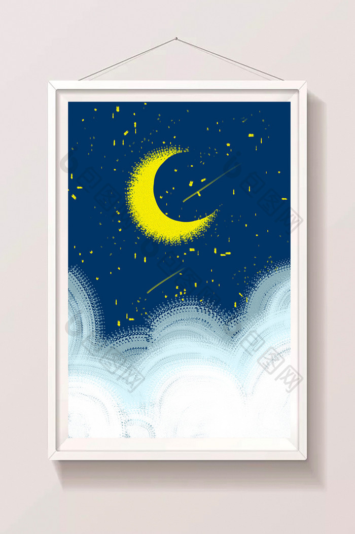 蓝色夏日云层月亮手绘插画背景素材