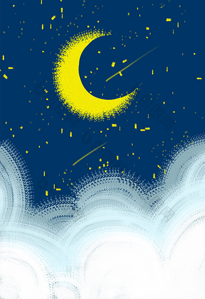 蓝色夏日云层月亮手绘插画背景素材