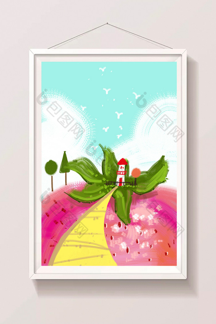 粉色草莓夏日卡通风景插画手绘背景素材