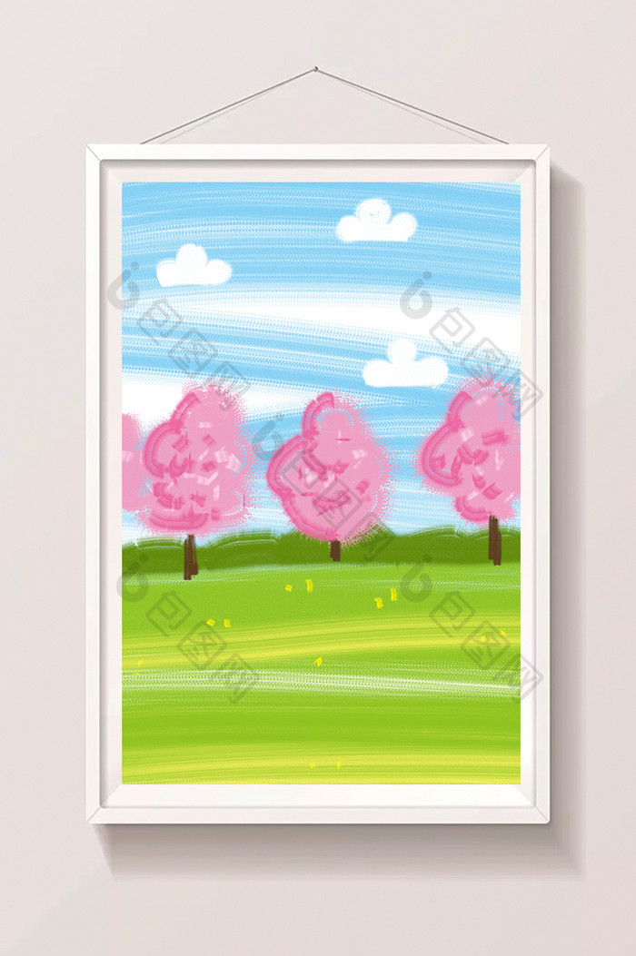 粉色夏日樱花树手绘插画背景卡通插画素材