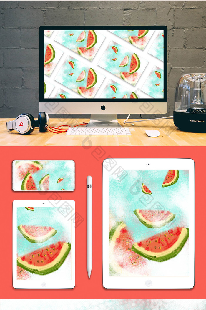 暖色调天空西瓜夏日插画背景素材