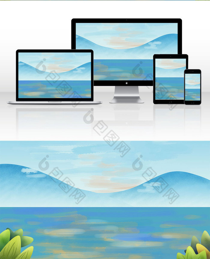 夏天海边风景山水背景海报素材手绘插画元素