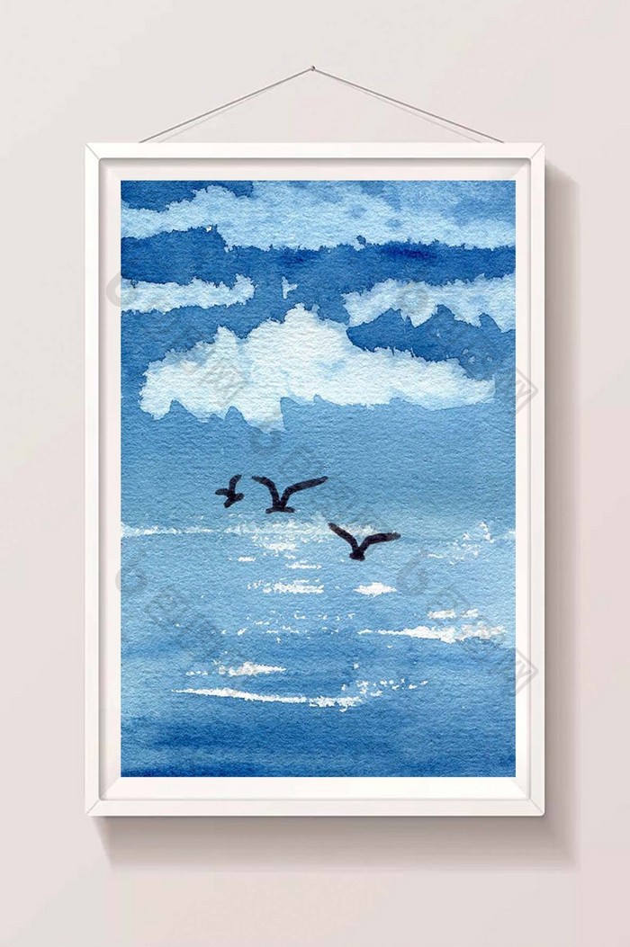 蓝色海鸟清新海边夏日背景背景风景水彩手绘
