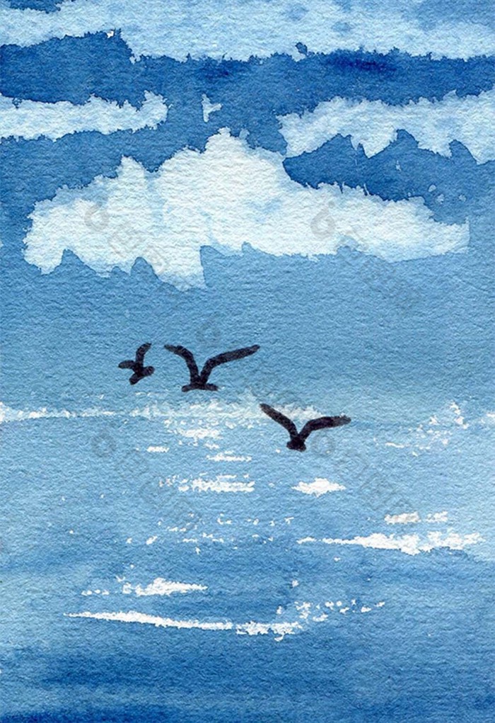 包图 插画 【psd】 蓝色海鸟清新海边夏日背景背景风景水彩手绘