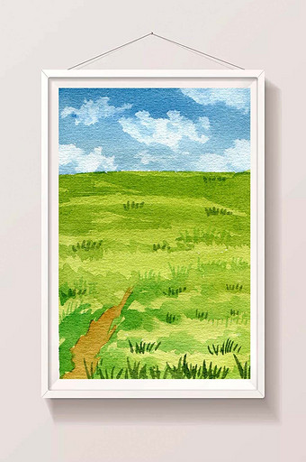 绿色蓝色夏日草甸素材手绘背景风景清新水彩图片