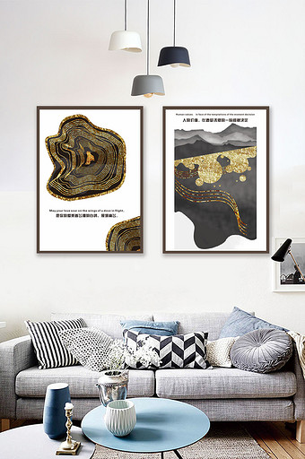 北欧时尚风抽象山水金箔装饰画图片