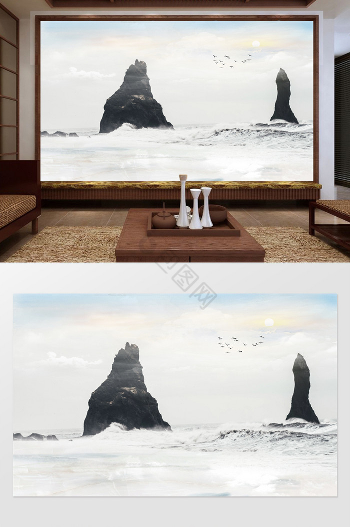 高清中式手绘意境水墨山水背景壁画定制图片