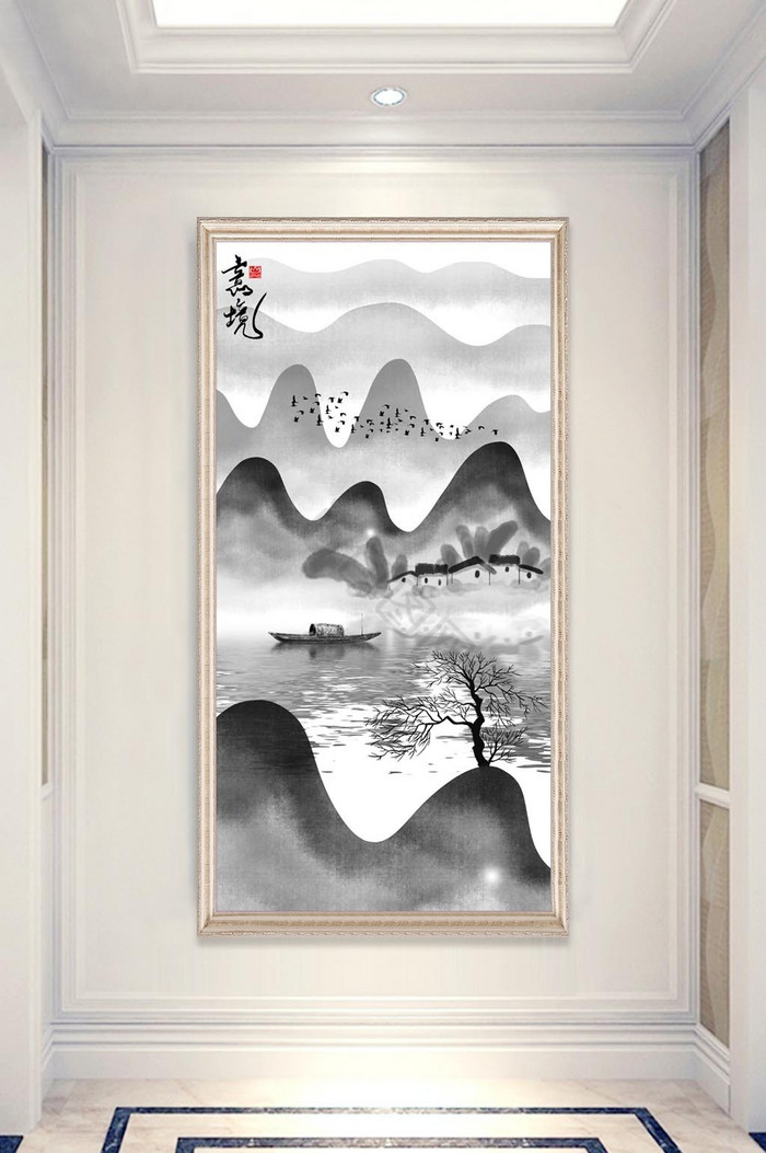 新中式水墨山水画背景玄关画图片