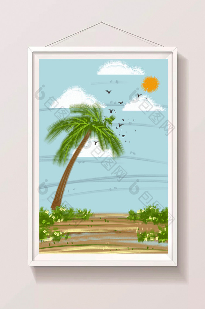 蓝色夏日海边椰子树卡通插画背景素材