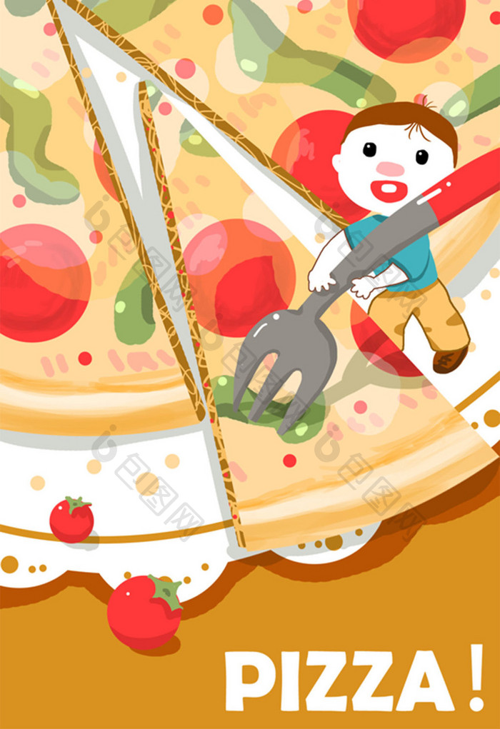 小清新披萨PIZZA美食人物卡通手插画