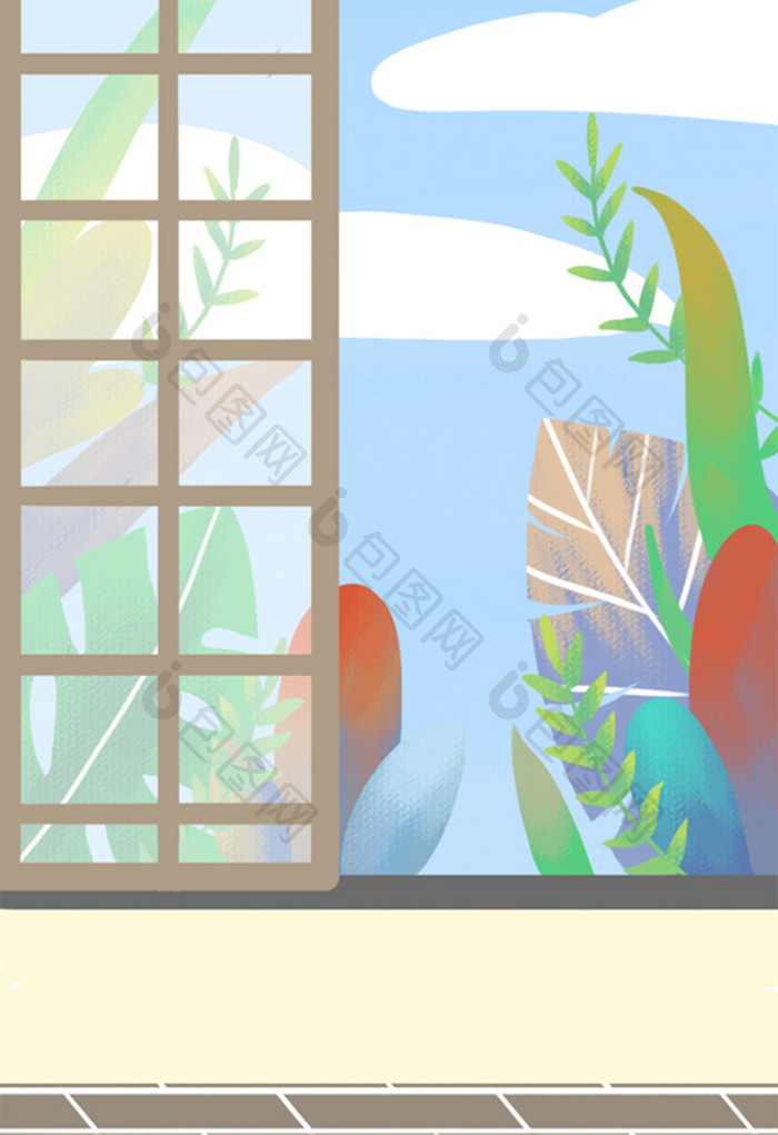 彩色奇幻植物之窗插画