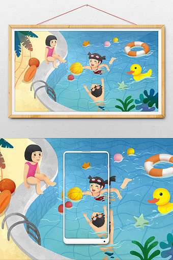 蓝色卡通暑期生活小朋友游泳插画图片