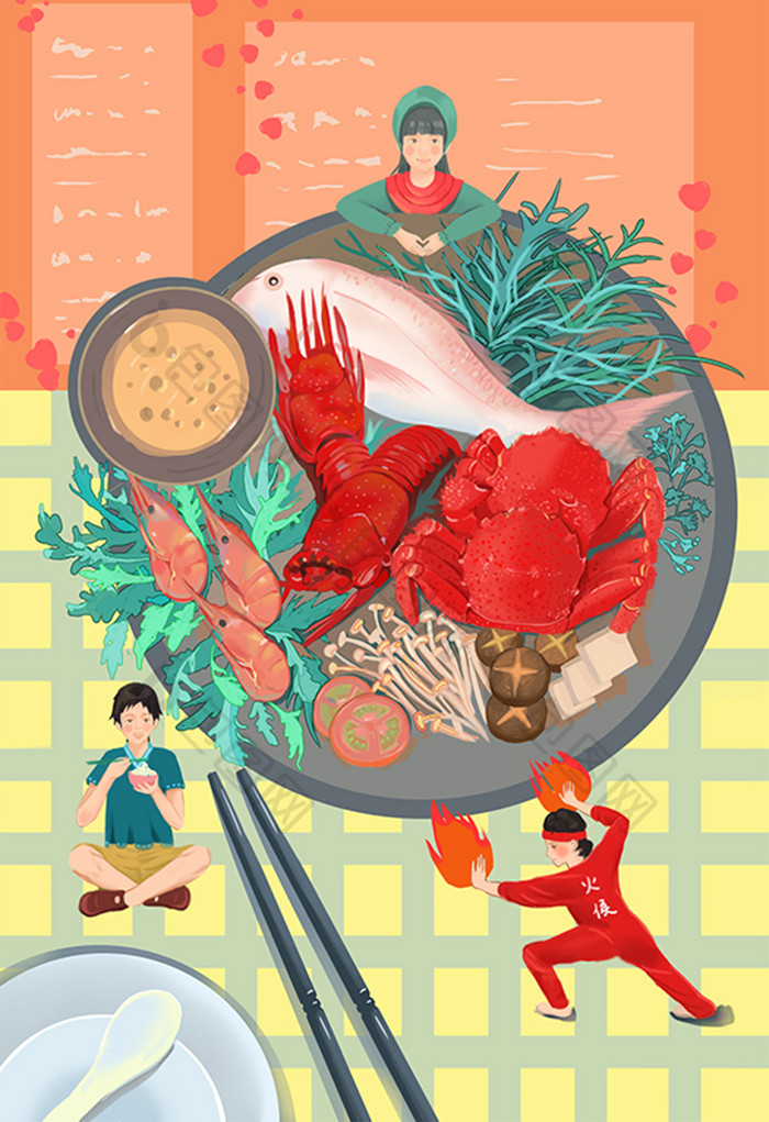 日式海鲜料理火锅插画