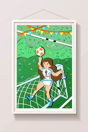 简约小清新女孩玩足球剪纸世界杯插画图片
