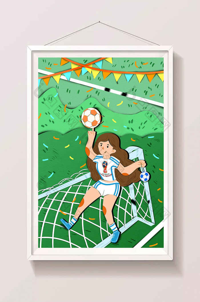 简约小清新女孩玩足球剪纸世界杯插画