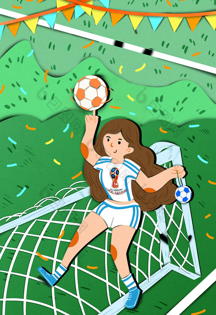 简约小清新女孩玩足球剪纸世界杯插画