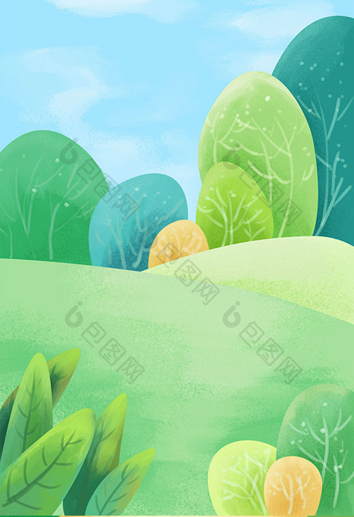夏季绿色小清新风景出游展板插画背景元素