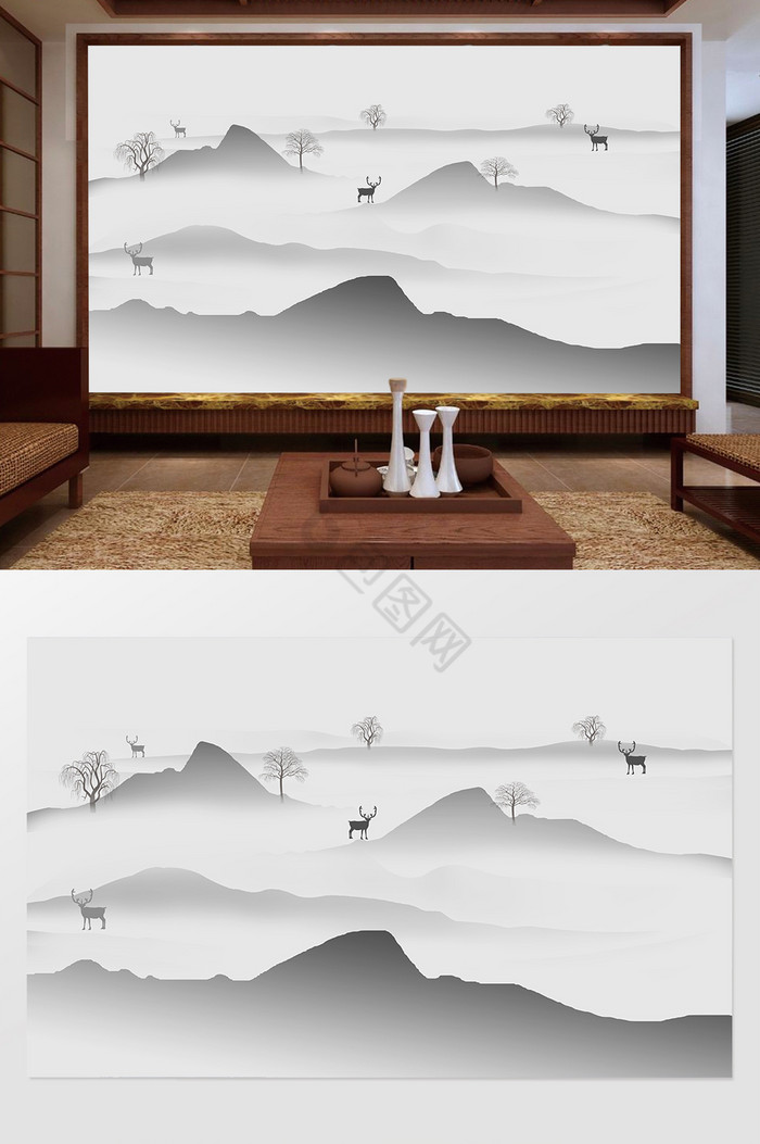 中式山水艺术抽象背景墙图片