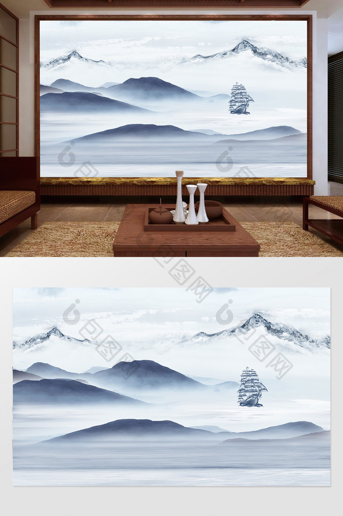 新中式抽象创意背景墙云帆